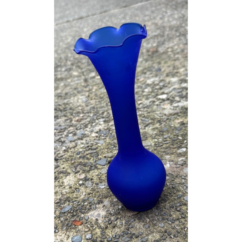 Vintage‎ Cobalt Blue Frosted Satin Glass Bud Vase 9 Inch Ruffled Rim Art Glass
